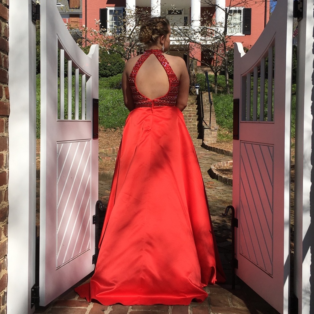 Red prom dress- beaded top and open back-POCKETS